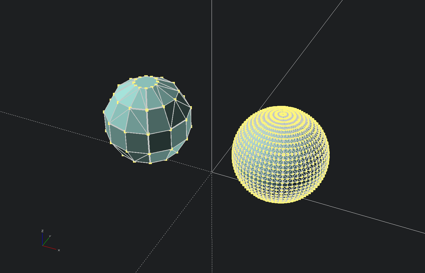 OpenSCAD render comparing a 12-sided sphere with a smoother 64-sided sphere