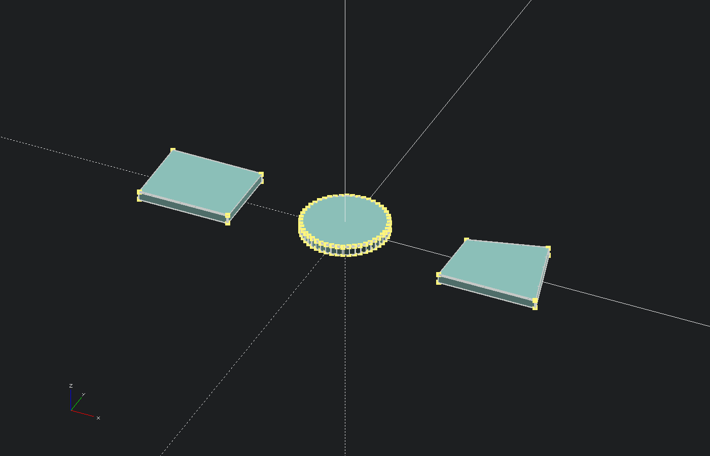 OpenSCAD render of a square, circle, and polygon given a small preview height