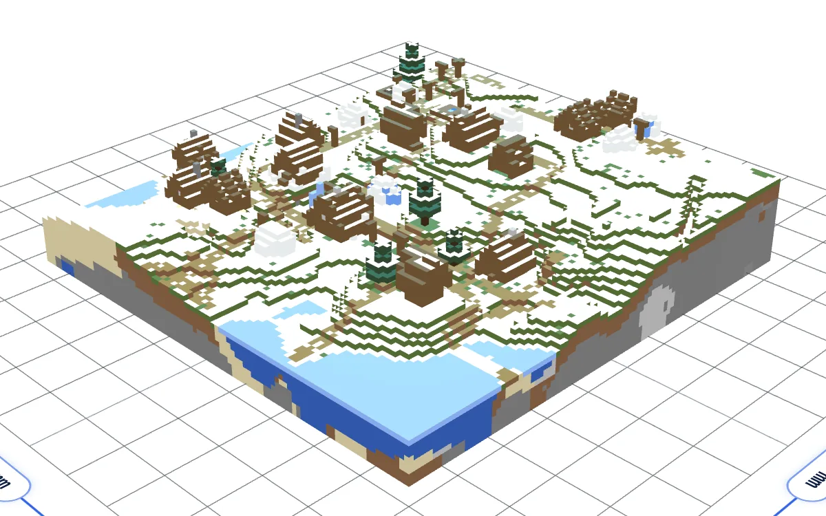 A Minecraft snowy village turned into a 3D print model in the 3D blocks style, with houses, trees and a frozen lake