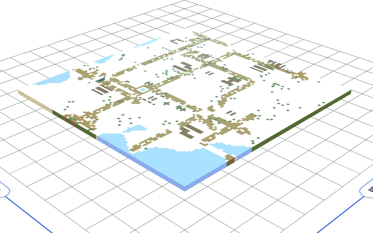 The same village as a Flat map, a thin tile that shows the top color of each block