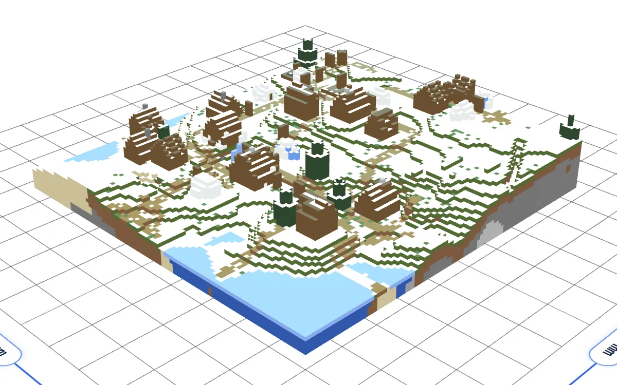 The same village in the Heightmap style, where each column is solid and trees become green bumps