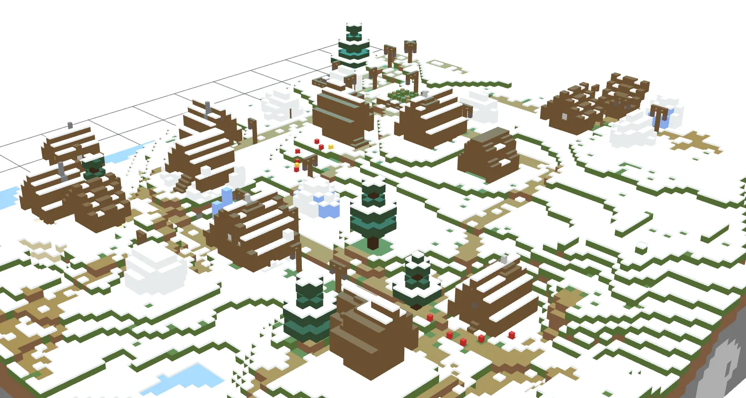A close-up of the same village with Print everything on, showing stepped stair roofs, fence lamp posts and red flowers